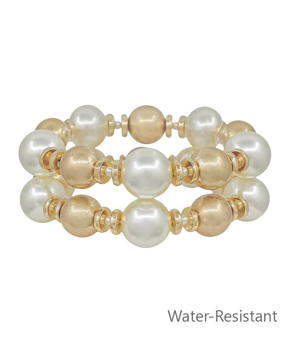 Golden Stella 2 Row 15mm Pearl and Ball Bracelet in Cream/Worn Gold