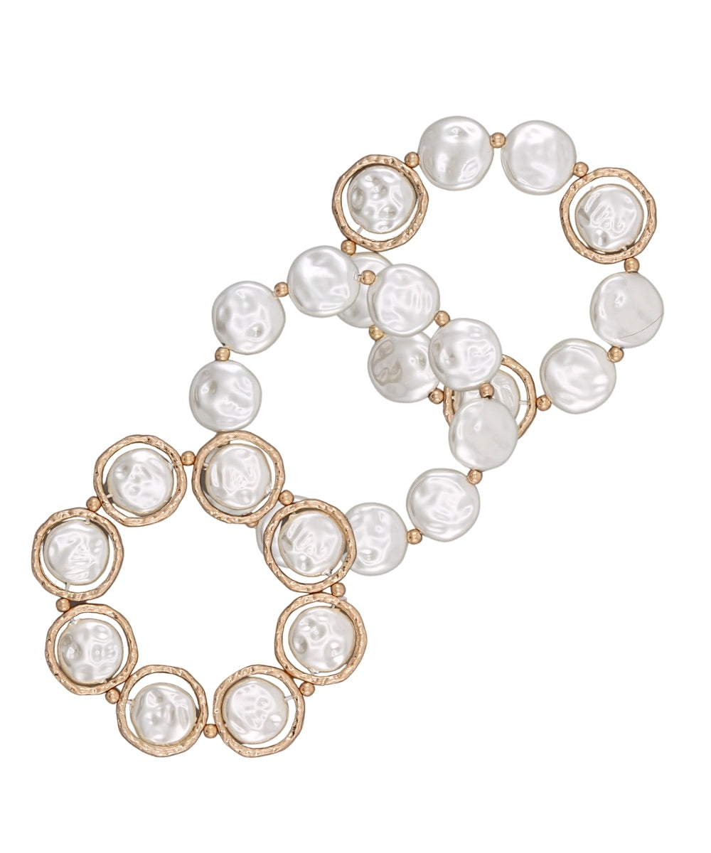 Golden Stella 3 Row Disk Pearl Bracelet with Ring in Cream/Worn Gold