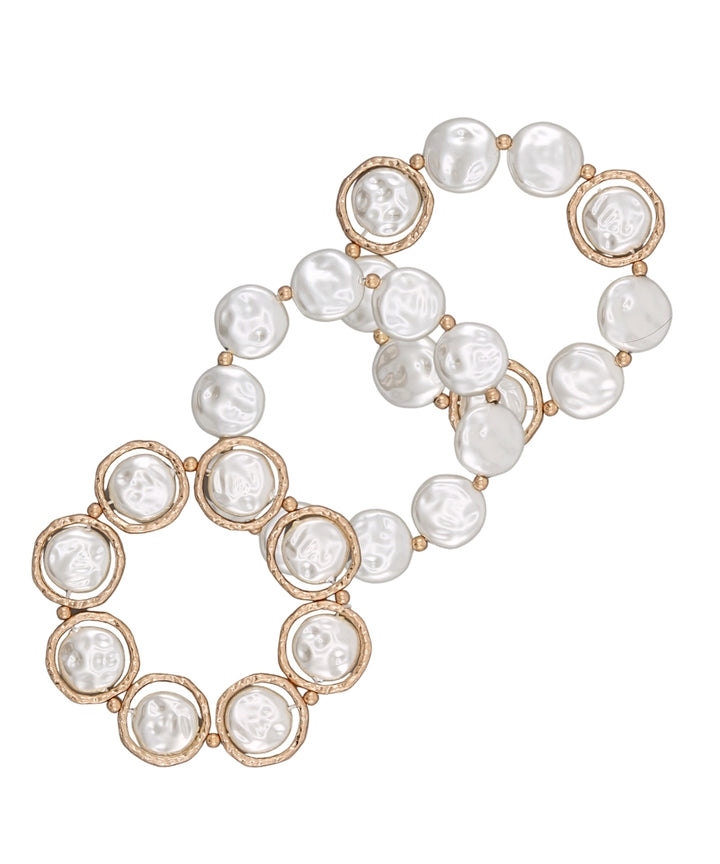 Golden Stella 3 Row Disk Pearl Bracelet with Ring in Cream/Worn Gold