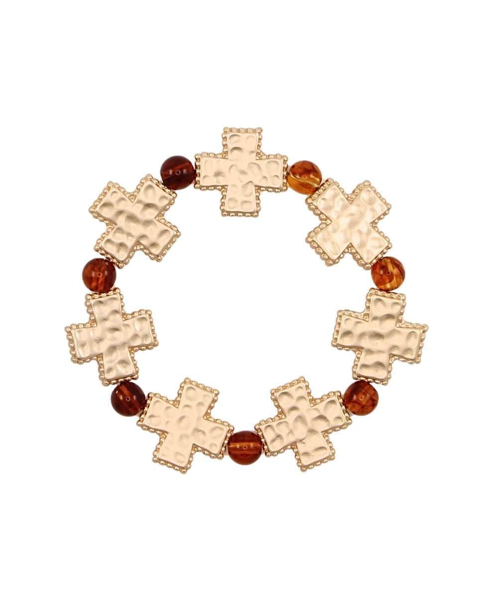 Golden Stella Cross Station & Marble Ball Bracelet in Matte Gold/Tortoise