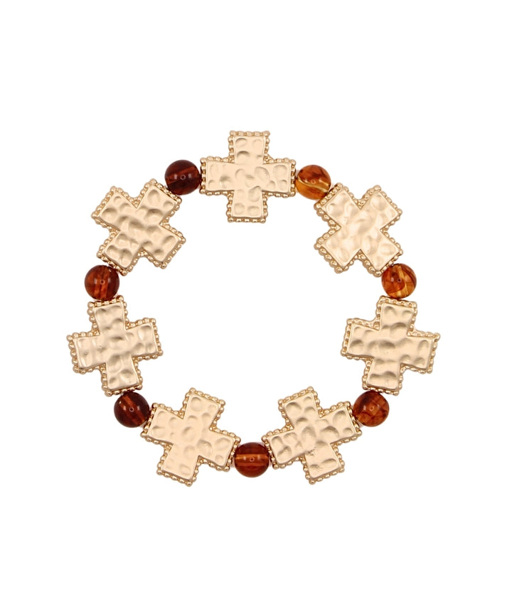 Golden Stella Cross Station & Marble Ball Bracelet in Matte Gold/Tortoise