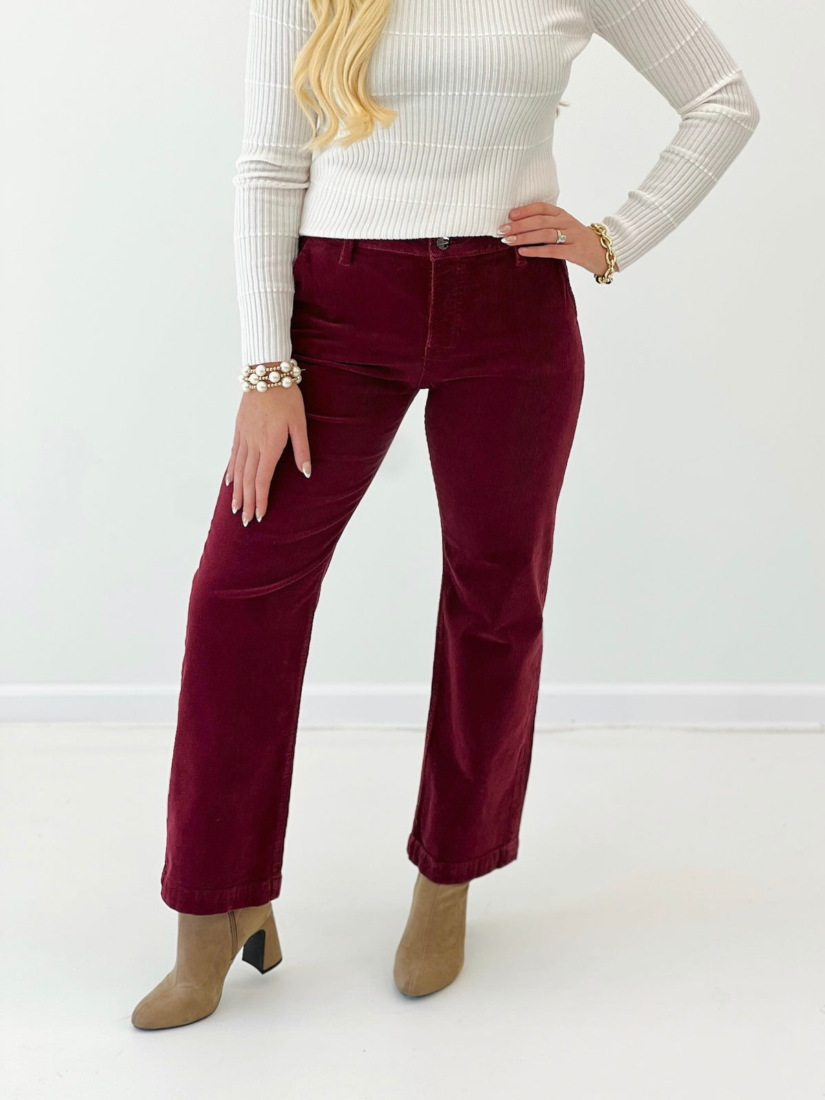 Wine mid-rise ankle straight corduroy pants with front button, belt loops, and pockets