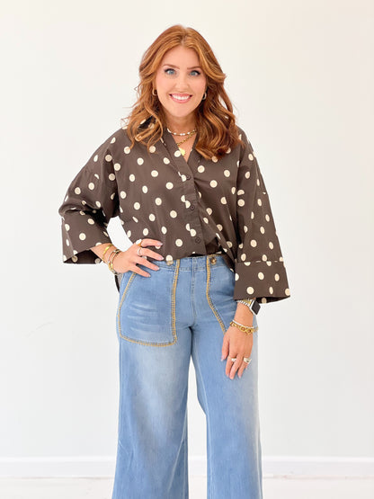 Espresso polka dot button-down top with front buttons and collared neckline