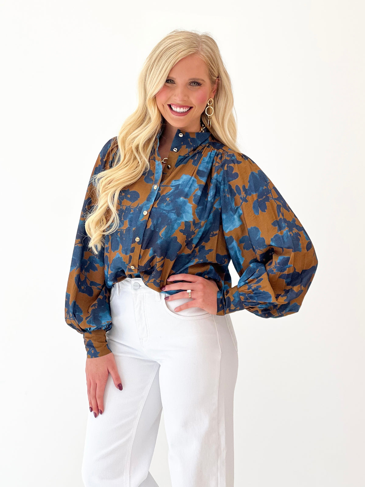 Entro Floral Print Puff Sleeve Button Front Top