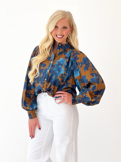 Entro Floral Print Puff Sleeve Button Front Top