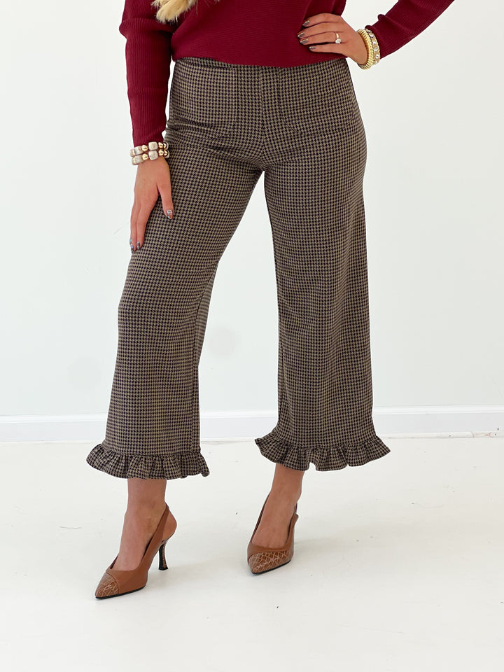Mocha brown houndstooth flare pants with ruffled hem