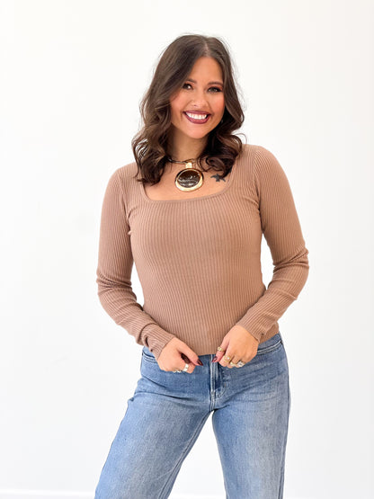 Truffle ribbed long-sleeve square-neck top with fitted knit sleeves