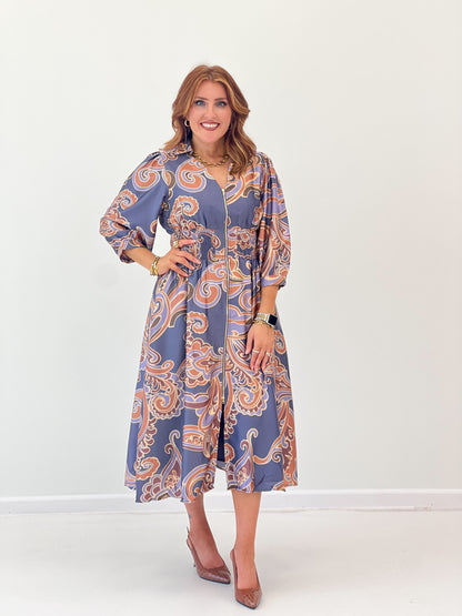 Printed V-neck midi dress three-quarter view, slate grey mix swirls, smocked waist