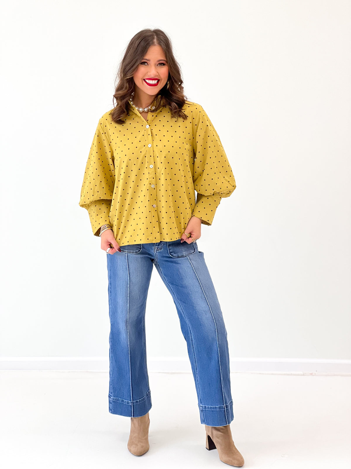 Jodifl Polka Dot Bishop Sleeve Button Down Top
