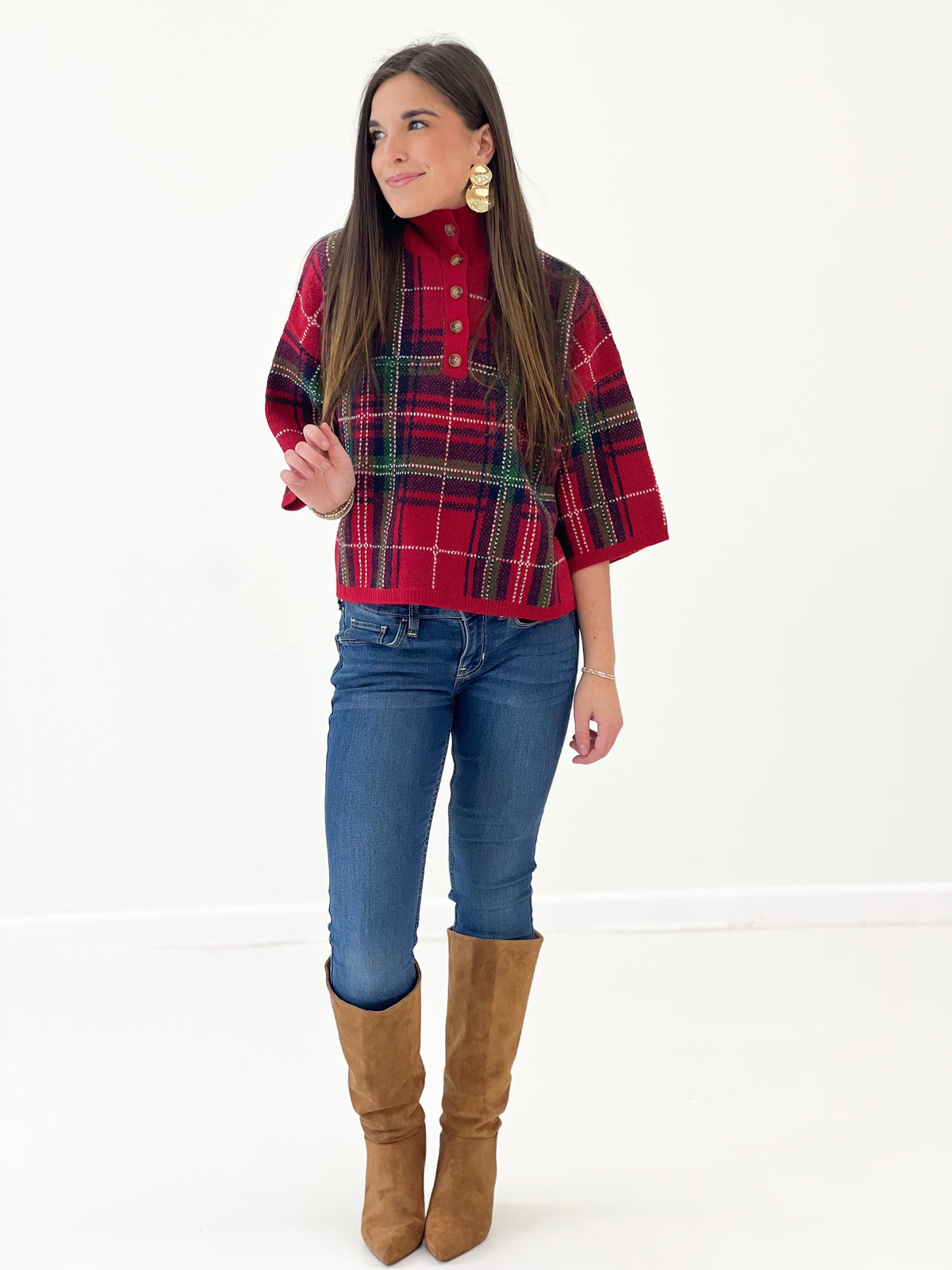 Red plaid stand-collar sweater top with button placket and wide half sleeves