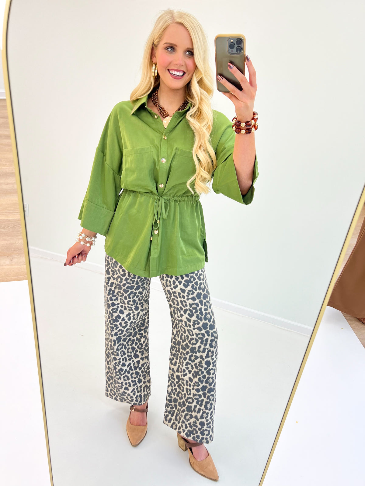 Glam Adjustable Waist Tie Button Down Shirt