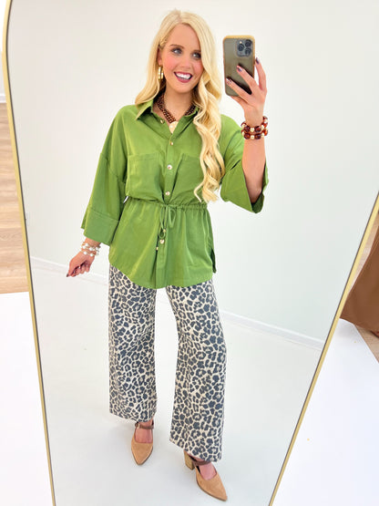 Glam Adjustable Waist Tie Button Down Shirt