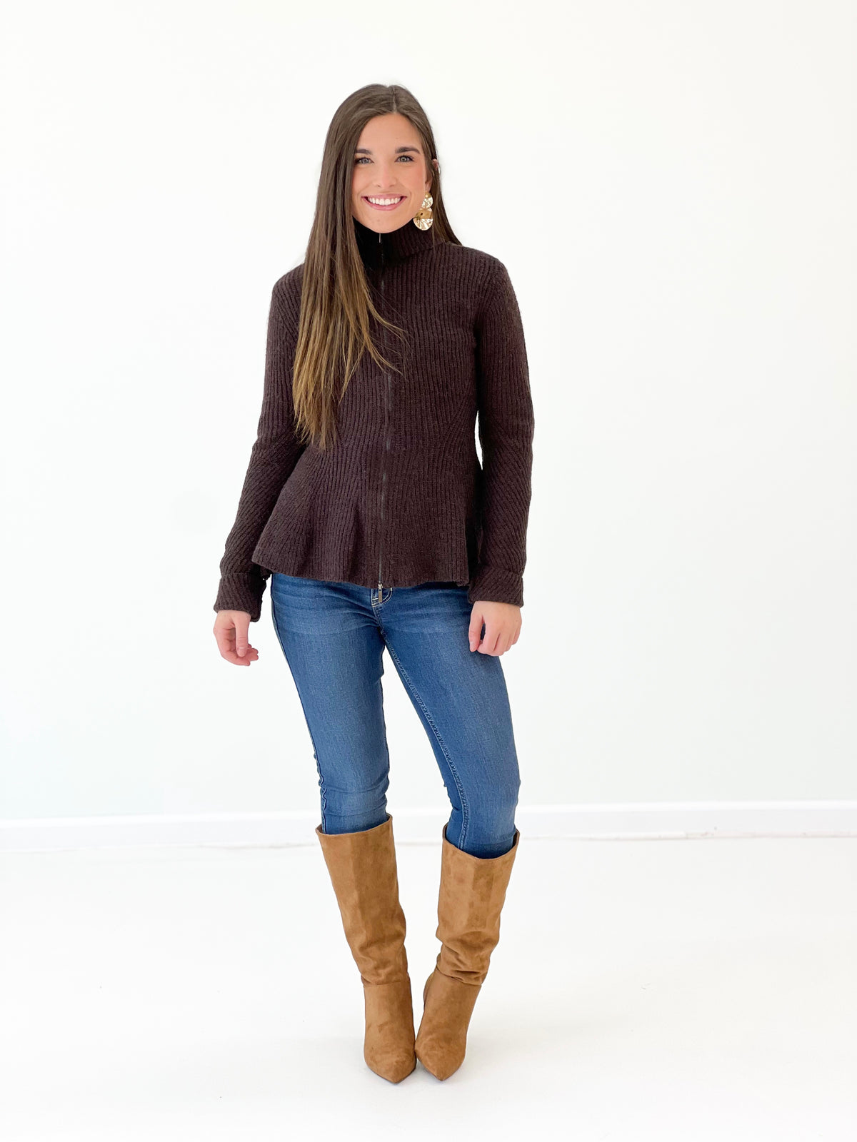 Dark brown rib-knit zip-up cardigan with zip front and relaxed fit