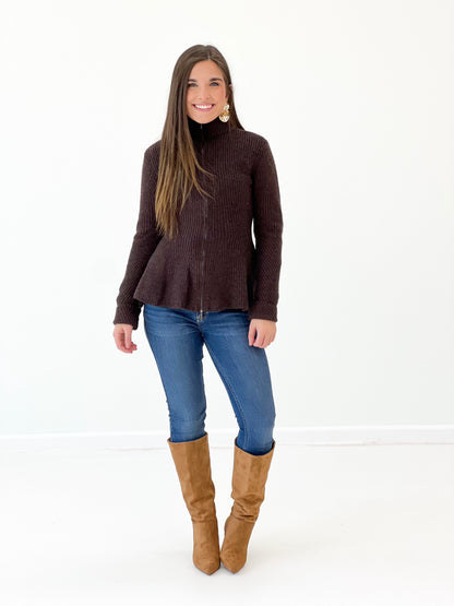 Dark brown rib-knit zip-up cardigan with zip front and relaxed fit