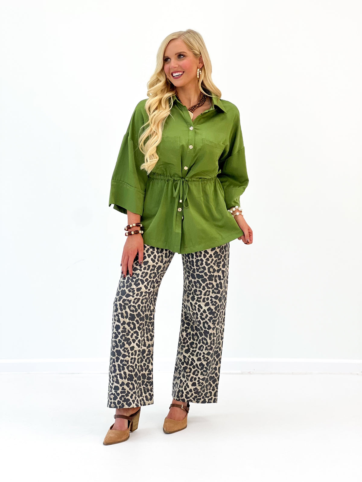 Glam Adjustable Waist Tie Button Down Shirt