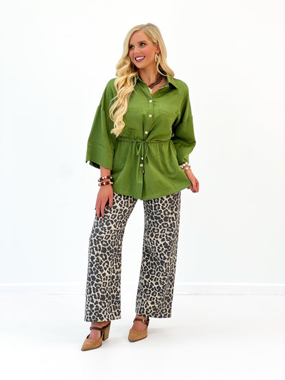 Glam Adjustable Waist Tie Button Down Shirt