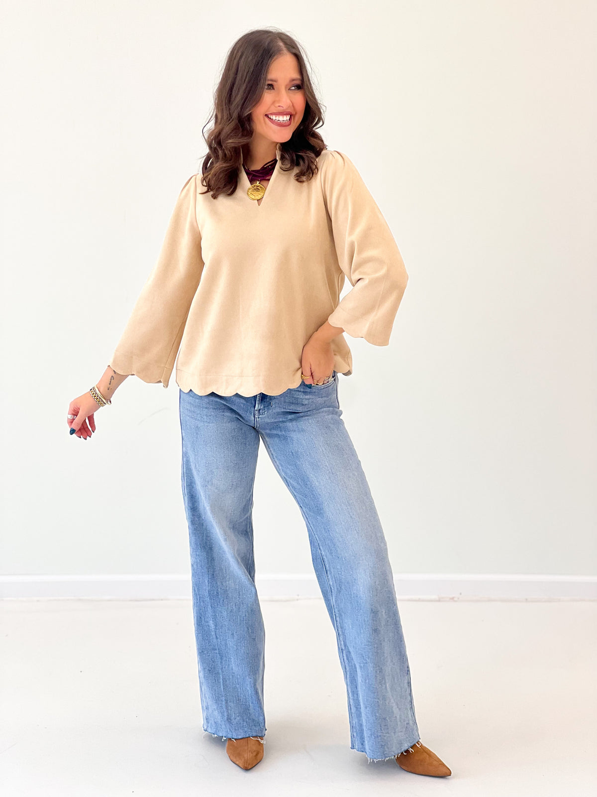 Jodifl Faux Suede Scallop Edge Ruffle Neck Top