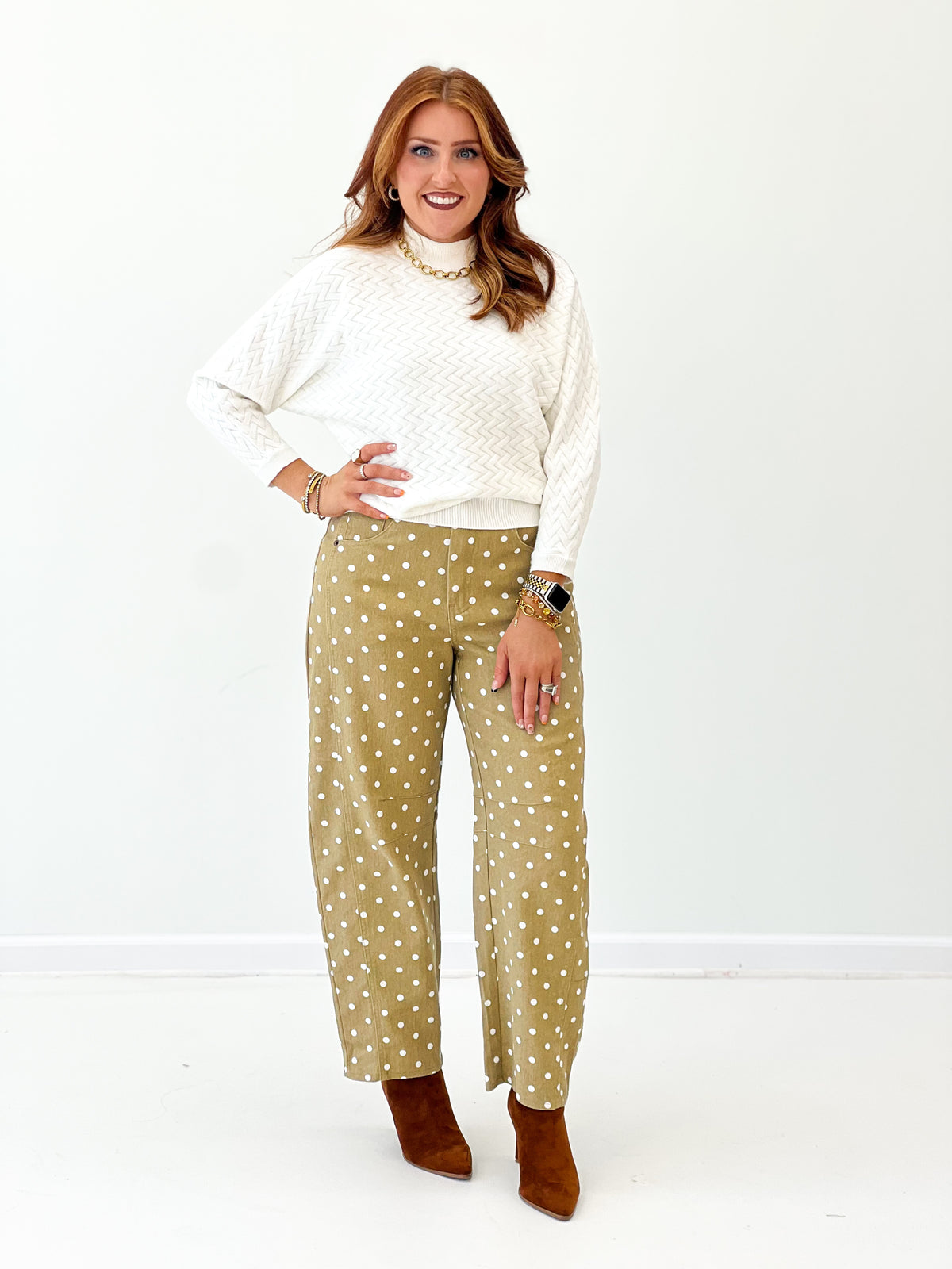 Women's olive polka dot barrel pants with elastic waist and straight front
