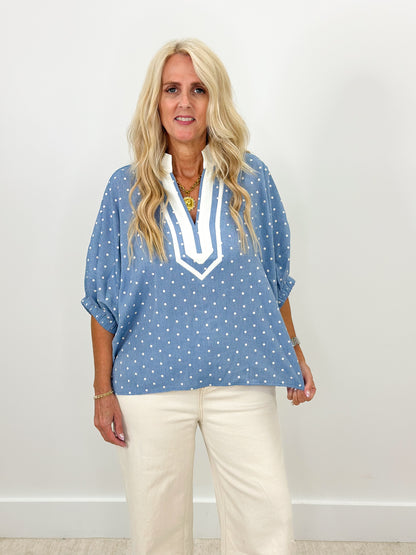 Heimish Polka Dot Contrast V-Neck Top
