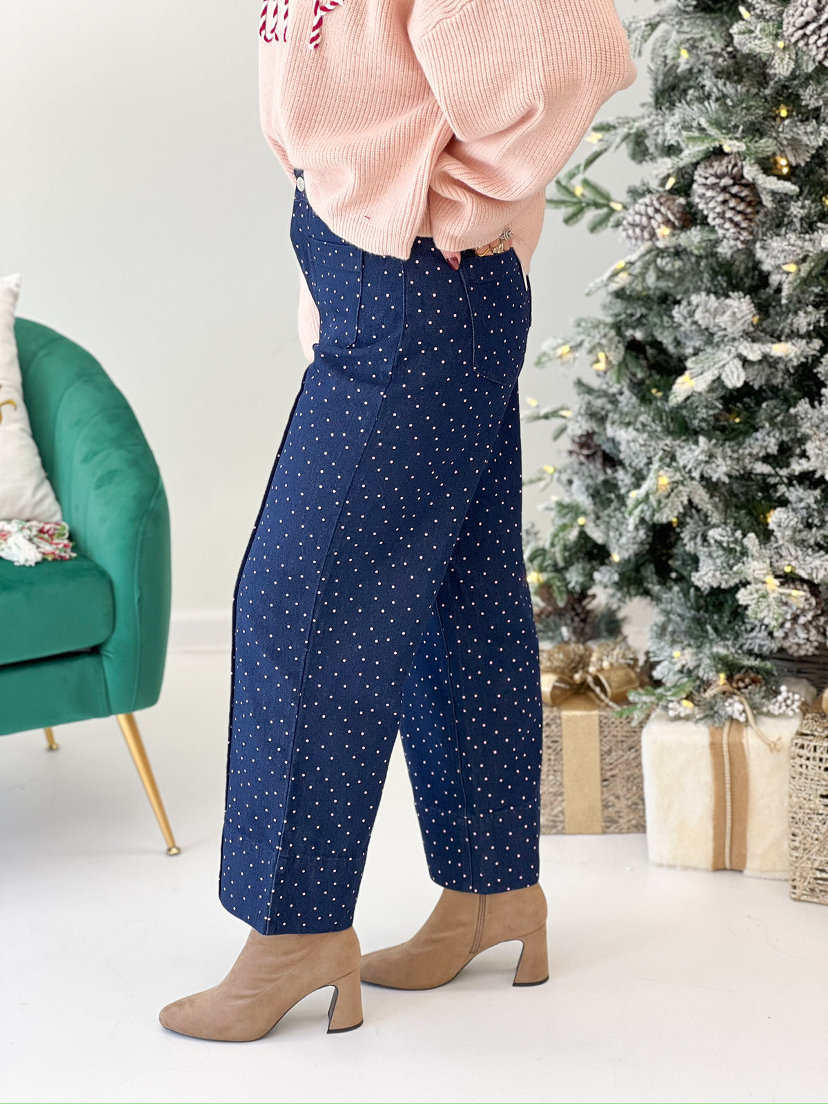 Dark denim polka dot wide-leg pants with patch pockets, side view