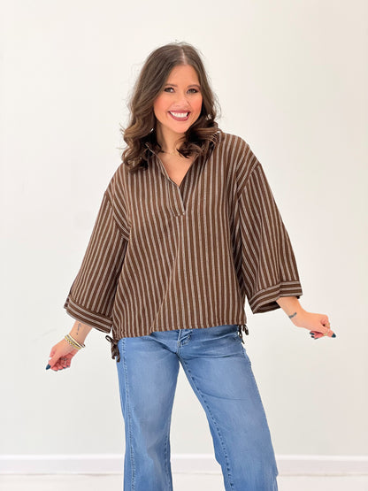 Glam Lapel Collar V-Neck Drawstring Hem Oversized Top