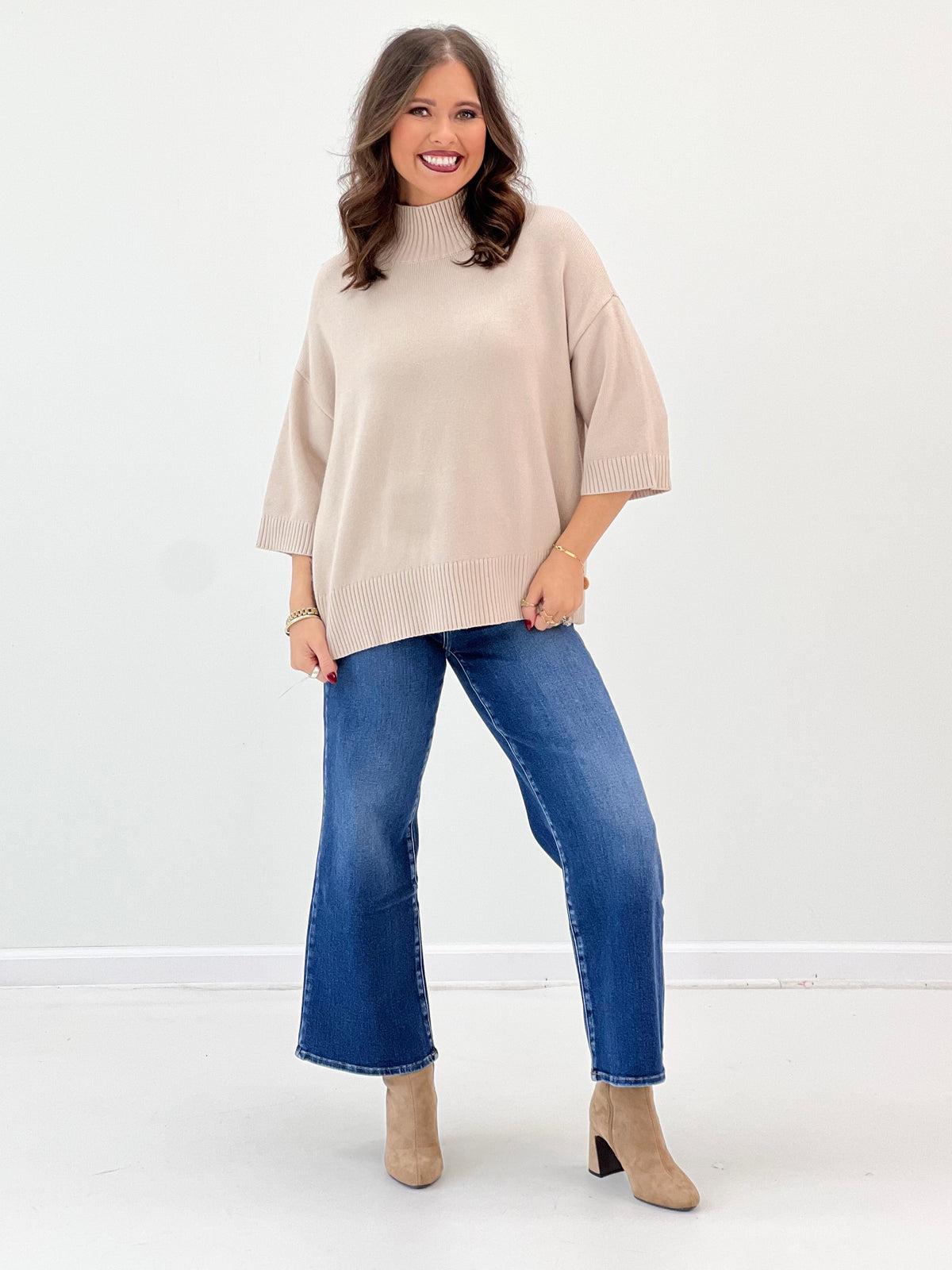 Oatmeal mock neck short-sleeve sweater with clean ribbed hem
