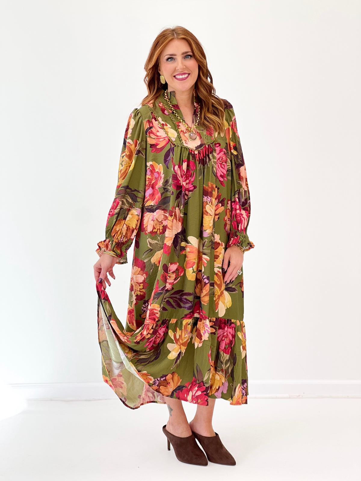 Umgee Floral Print Tiered Midi Dress