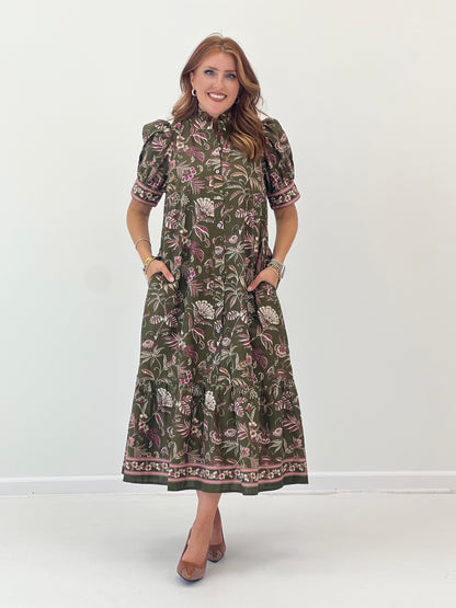 Olive ruffle high-neck border print midi dress with short sleeves and gathered skirt