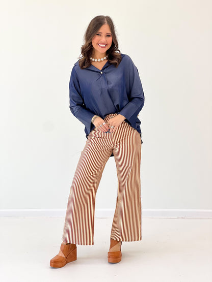 Indigo dolman sleeve top with center front placket and subtle stand collar