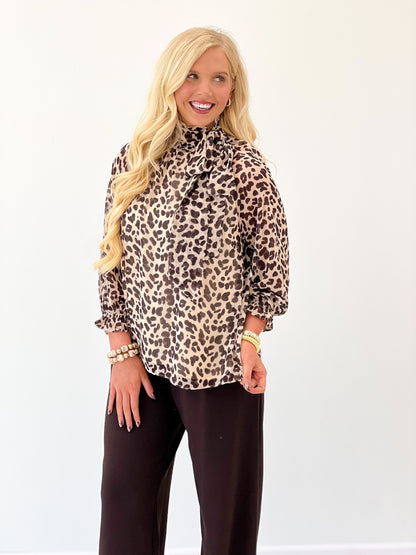Taupe leopard print high-neck tie blouse with front neck tie detail