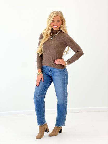 Mocha mockneck top with long sleeves and fitted knit look
