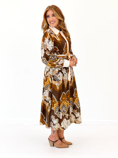 Mocha retro print midi dress with long puff sleeves and sash tie at waist