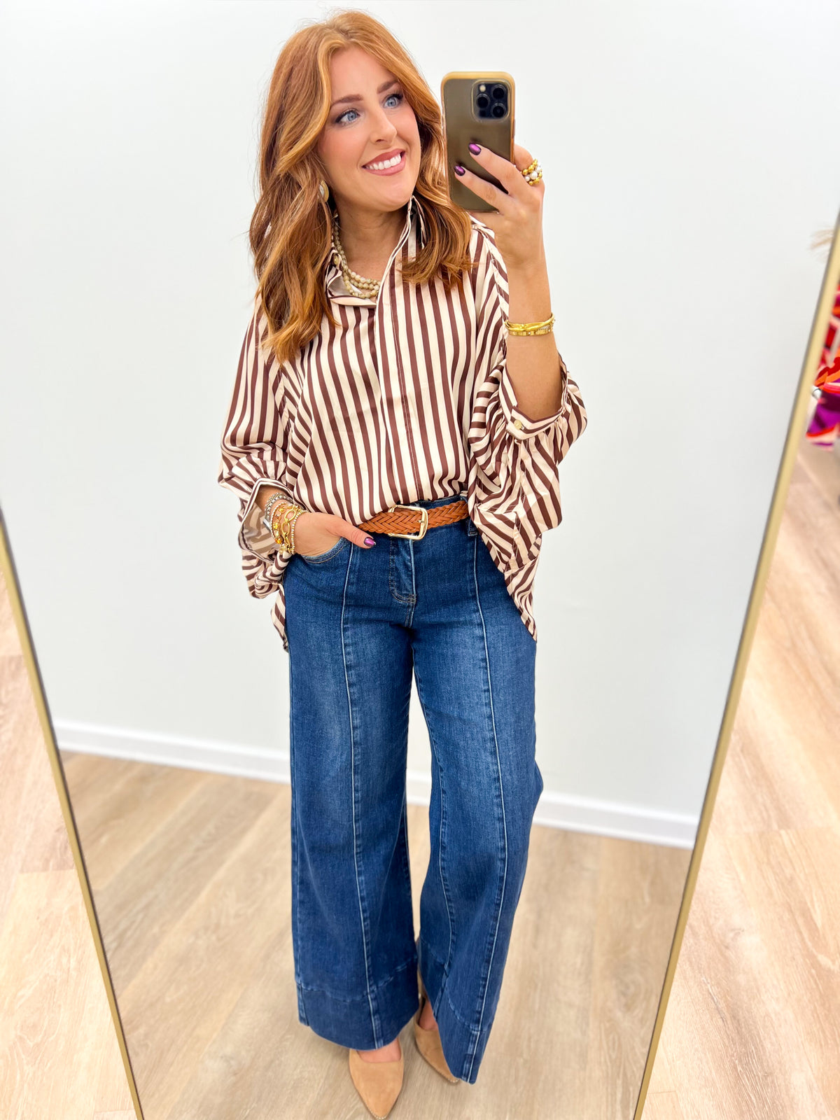 Women's striped button-down shirt with wide puff sleeves, burgundy and white vertical stripe pattern