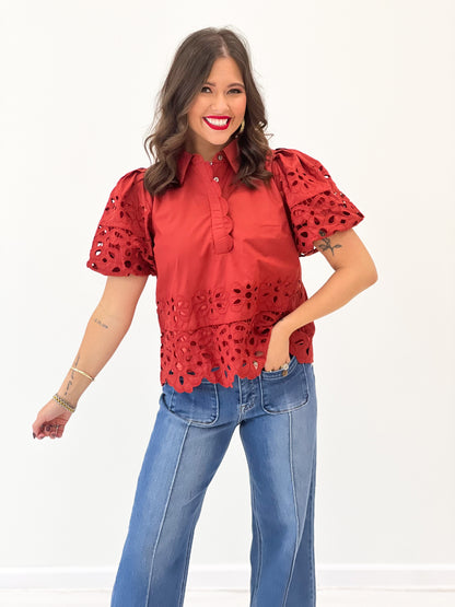 Entro Eyelet Scalloped Trim Puff Sleeve Top