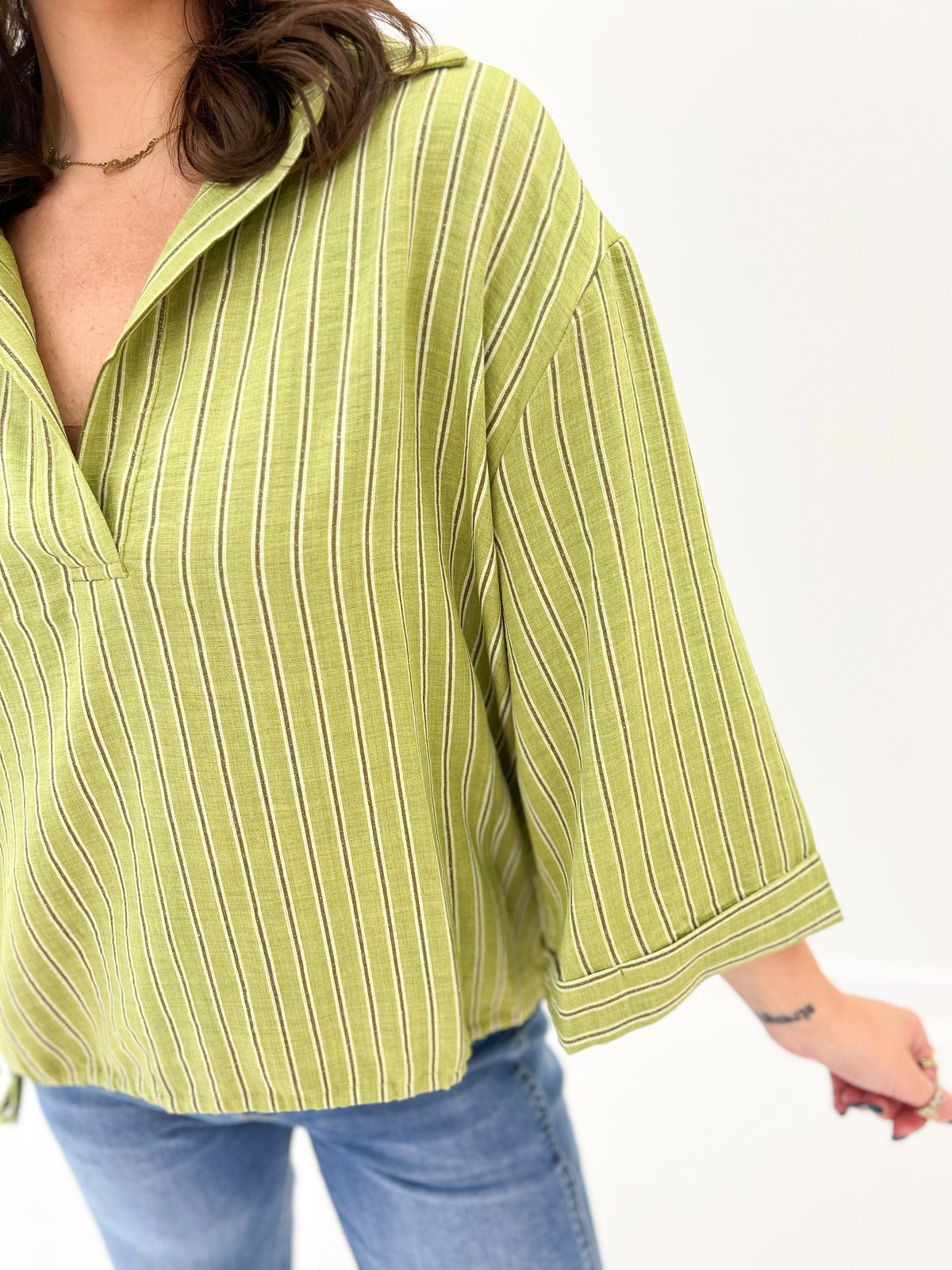 Glam Lapel Collar V-Neck Drawstring Hem Oversized Top