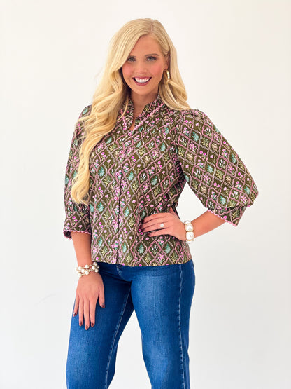 Jodifl Floral Ruffle Neck Button Down Top