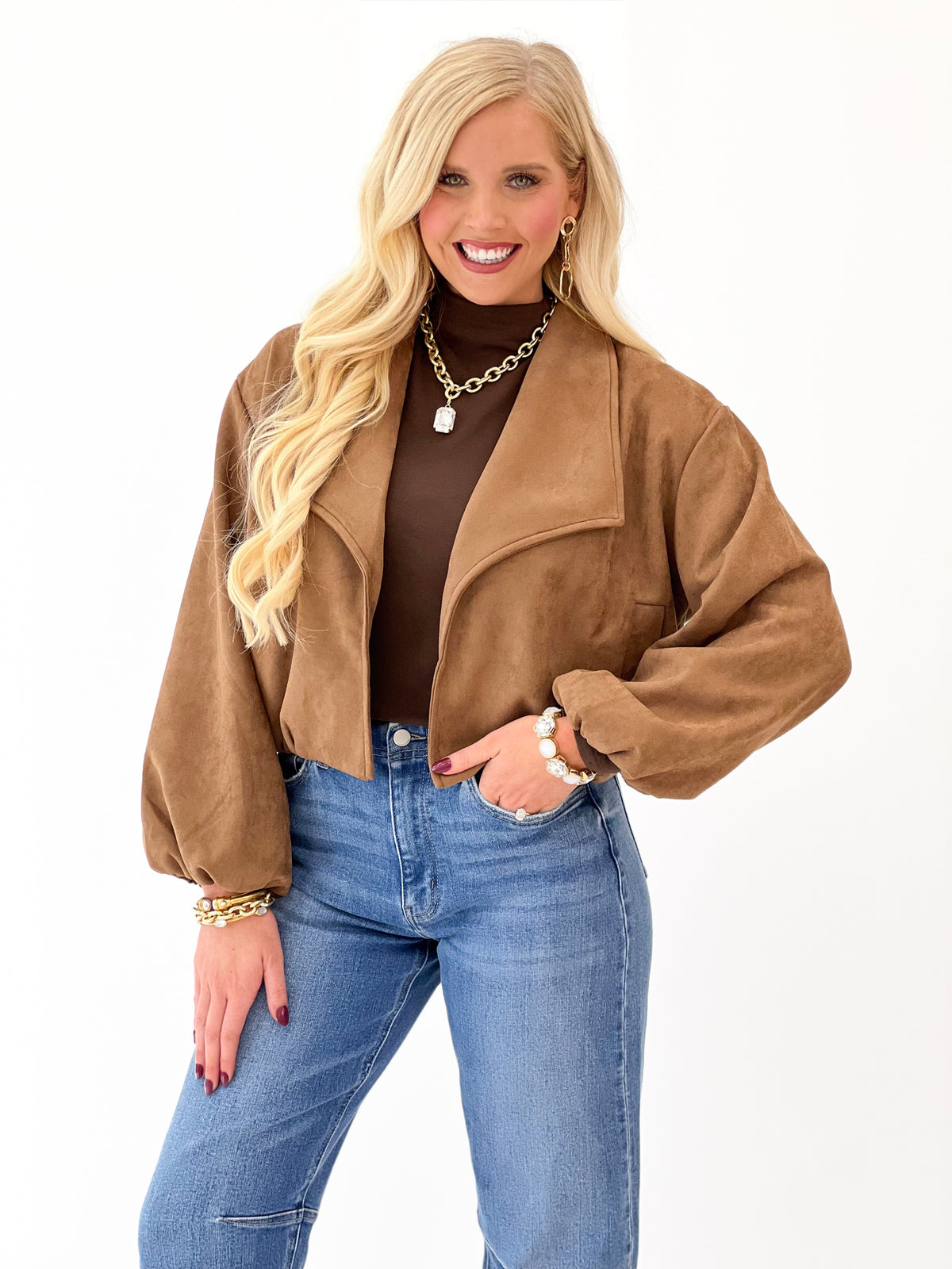 Camel suede open-lapel bubble jacket with draped shoulders and long cuff sleeves