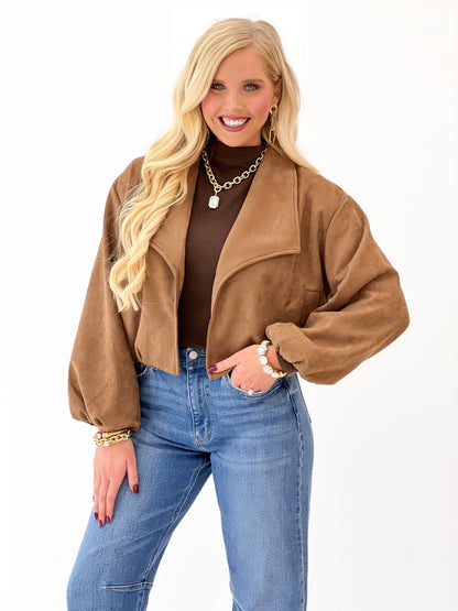 Camel suede open-lapel bubble jacket with draped shoulders and long cuff sleeves