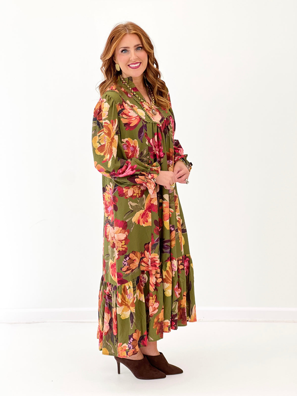 Umgee Floral Print Tiered Midi Dress