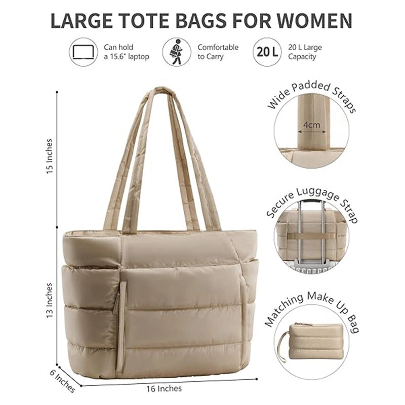 Dark khaki puffer tote bag with padded straps, luggage sleeve, and matching pouch; dimensions shown