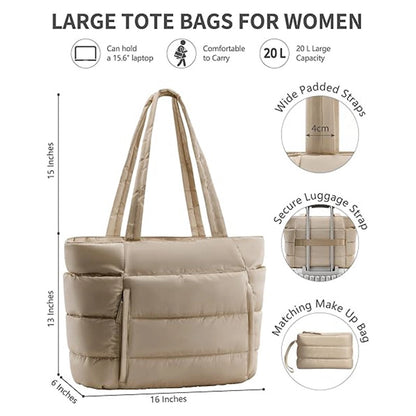 Dark khaki puffer tote bag with padded straps, luggage sleeve, and matching pouch; dimensions shown