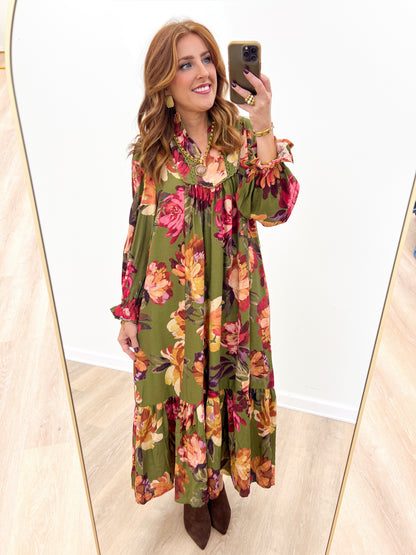 Umgee Floral Print Tiered Midi Dress