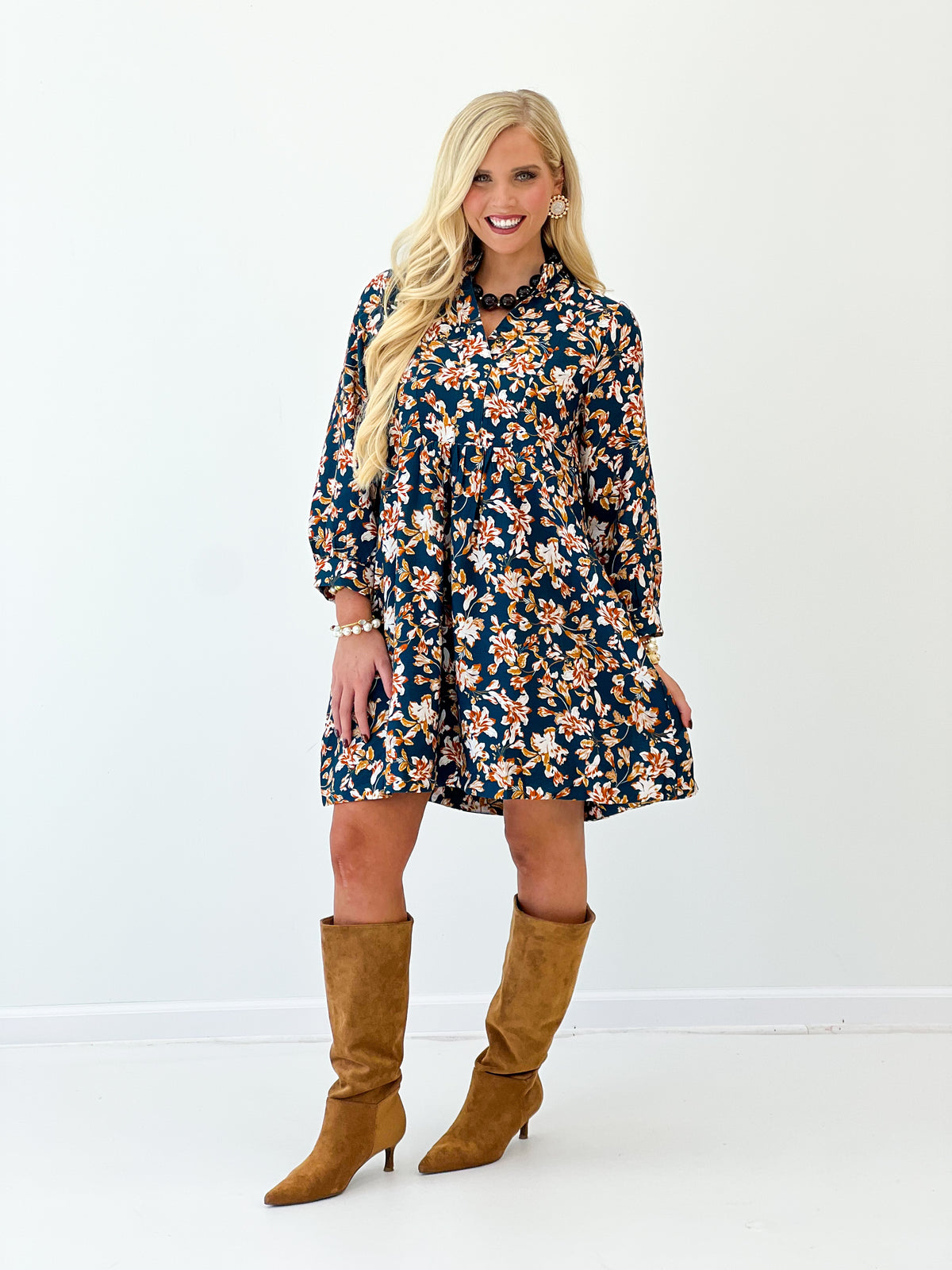 Teal floral V-neck long-sleeve baby doll dress with flared skirt