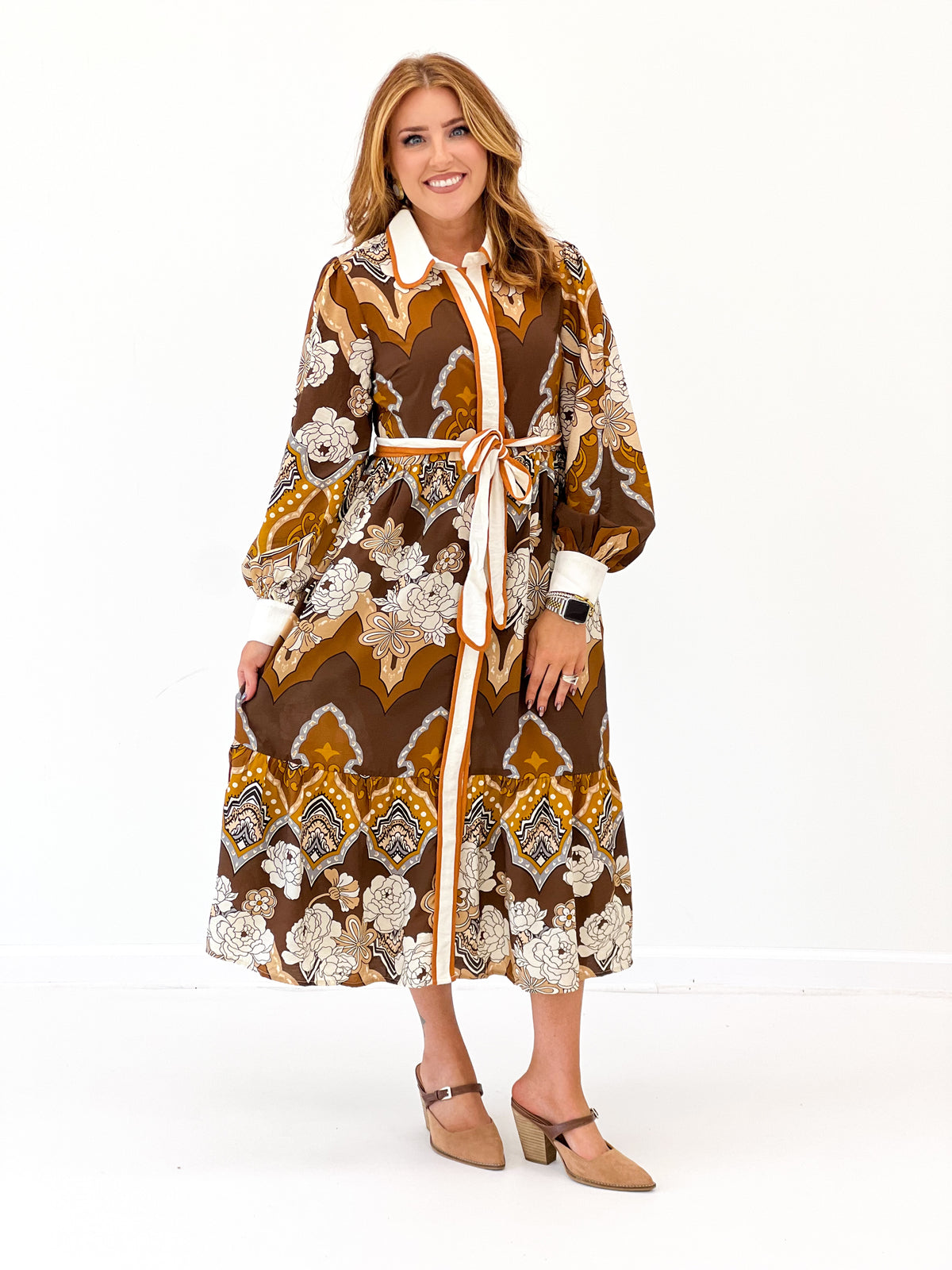 Mocha multi floral paisley print midi dress with sash tie and long balloon sleeves