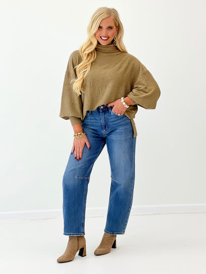 Mock neck balloon sleeve knit top, taupe knit with wide sleeves