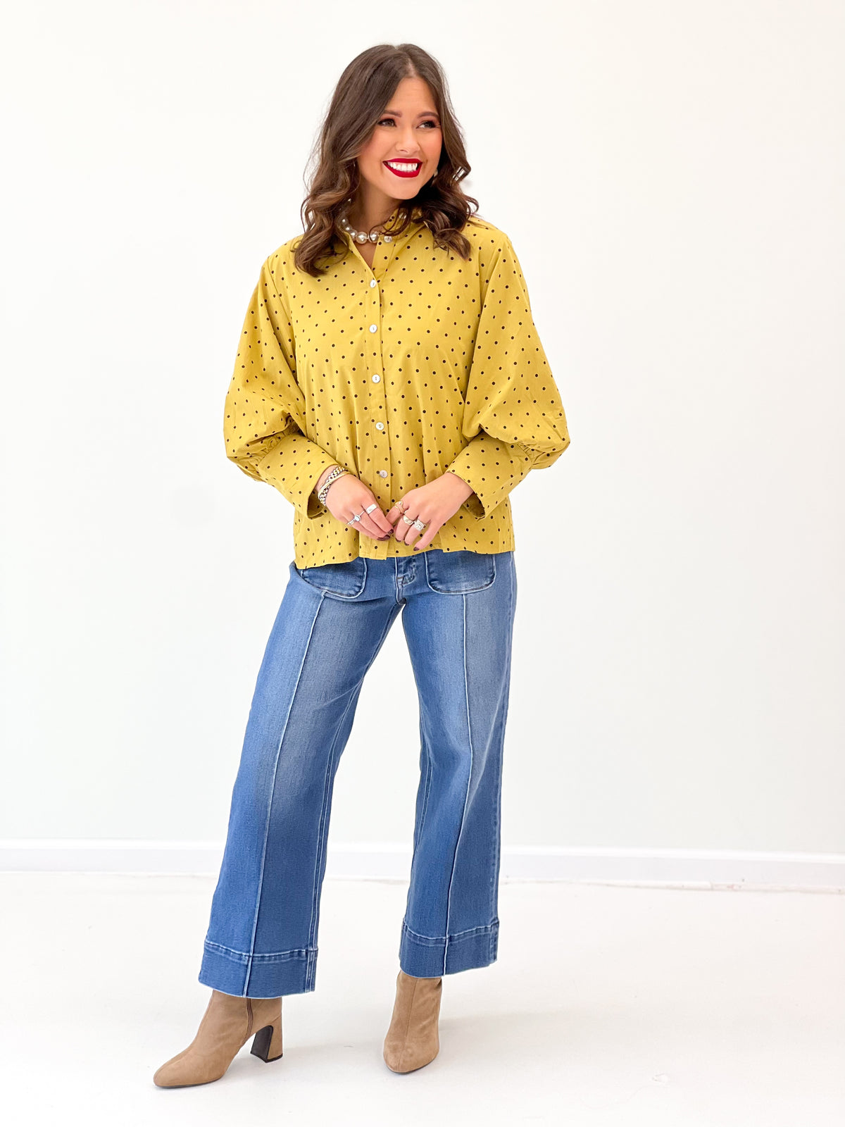 Jodifl Polka Dot Bishop Sleeve Button Down Top