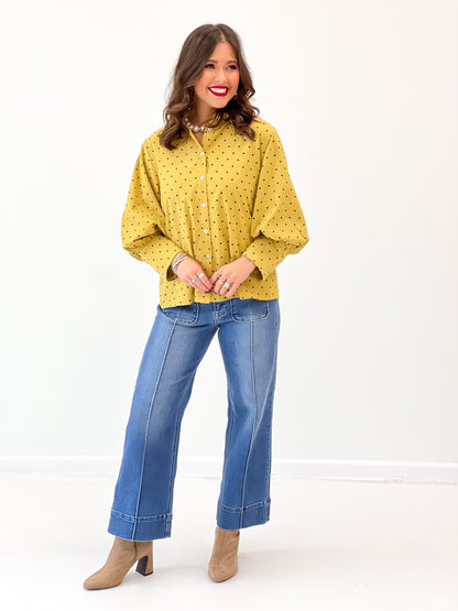 Jodifl Polka Dot Bishop Sleeve Button Down Top
