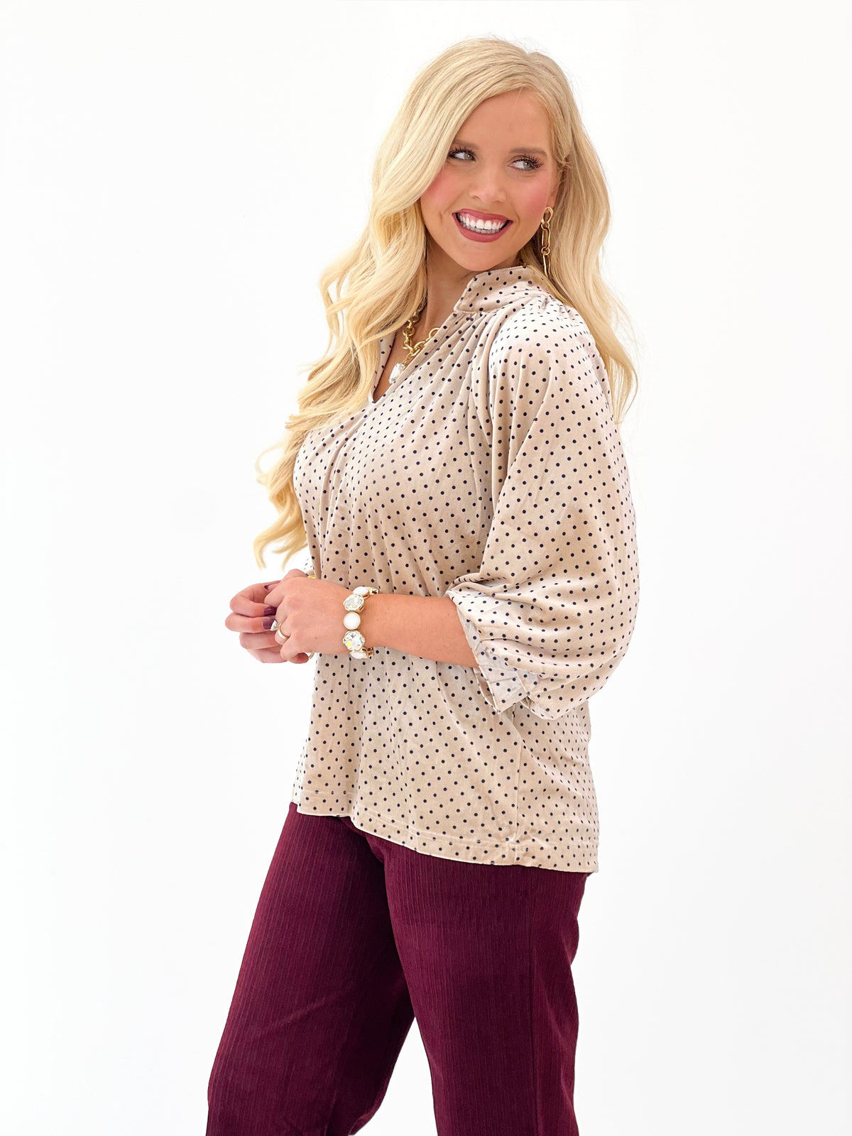 Umgee Velvet Polka Dot Balloon Sleeve Blouse