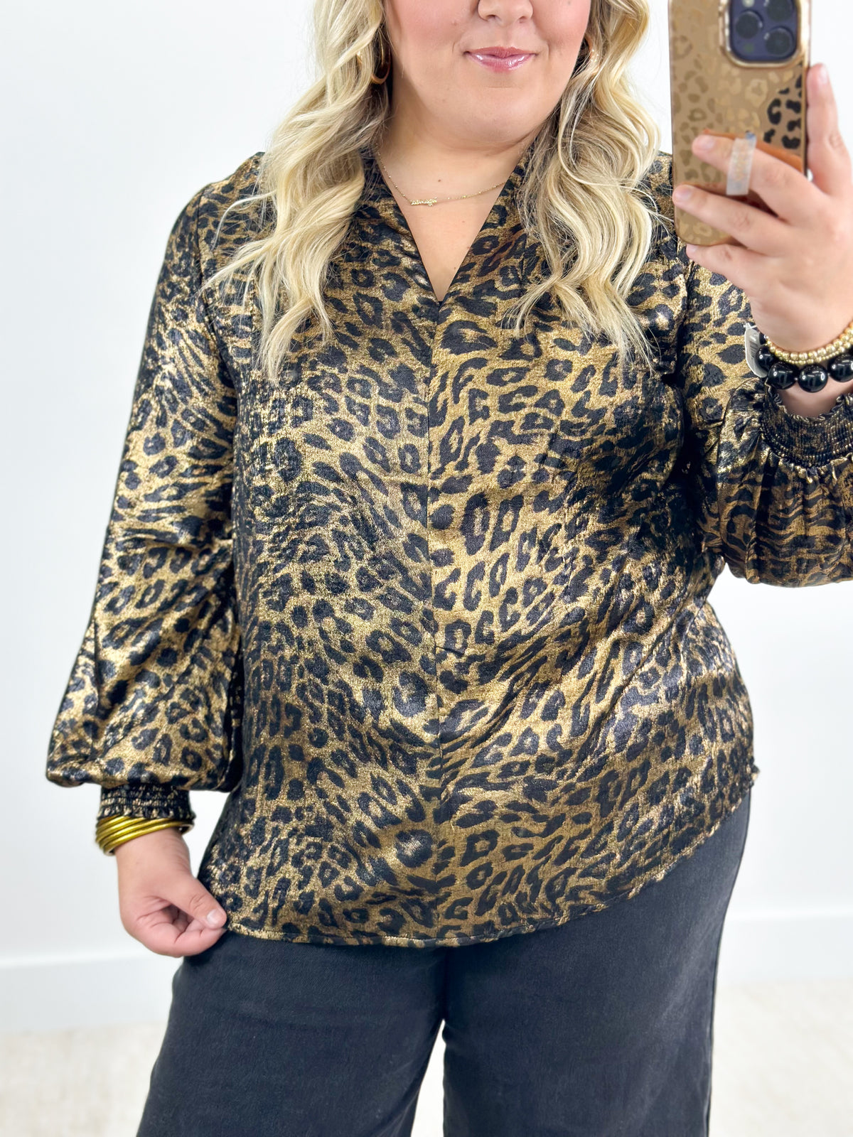 Gold/Black leopard V-neck top with shirred sleeve cuffs