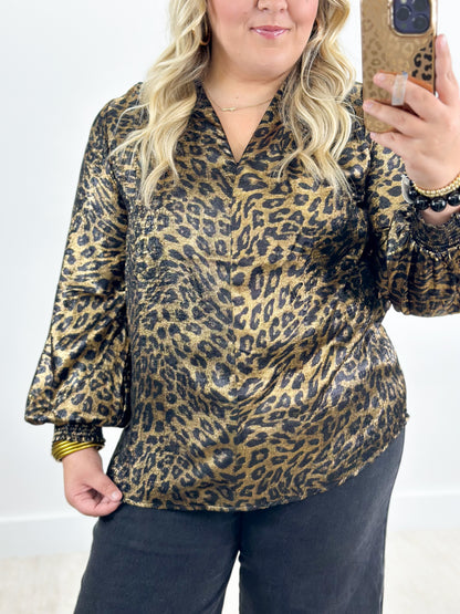 Gold/Black leopard V-neck top with shirred sleeve cuffs